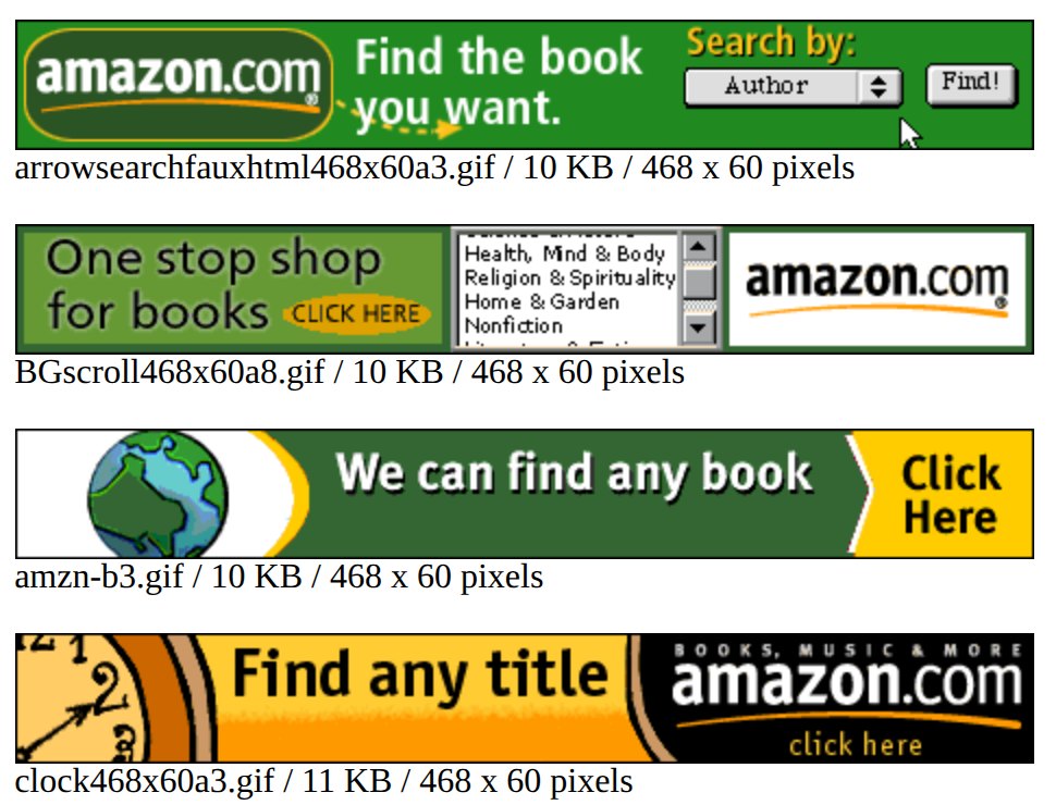 Баннеры Amazon для сайтов-партнёров 1999 года: Find the book you want, One stop shop for books, We can find any book, Find any title