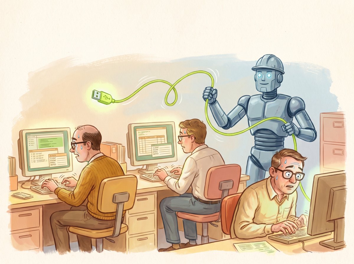 Рисованная иллюстрация: три взмыленных офисных работника вводят данные в CRM-карточки с полями клиент, телефон, email, а сзади стоит робот-прораб в каске и погоняет их лаймово-зелёным кнутом из свёрнутого провода с USB на конце.