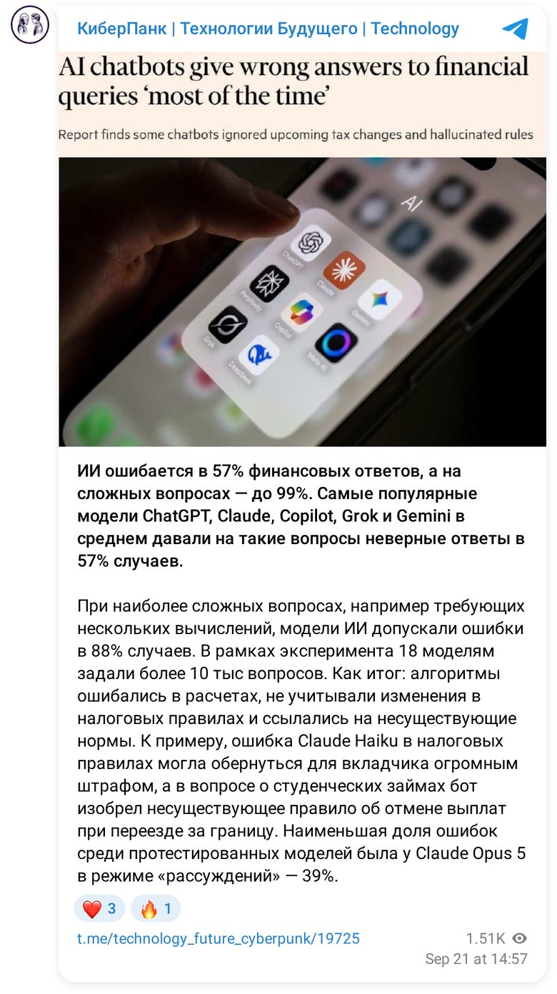 Пост Telegram-канала: ИИ ошибается в 57% финансовых ответов, ошибка Claude Haiku могла обернуться огромным штрафом