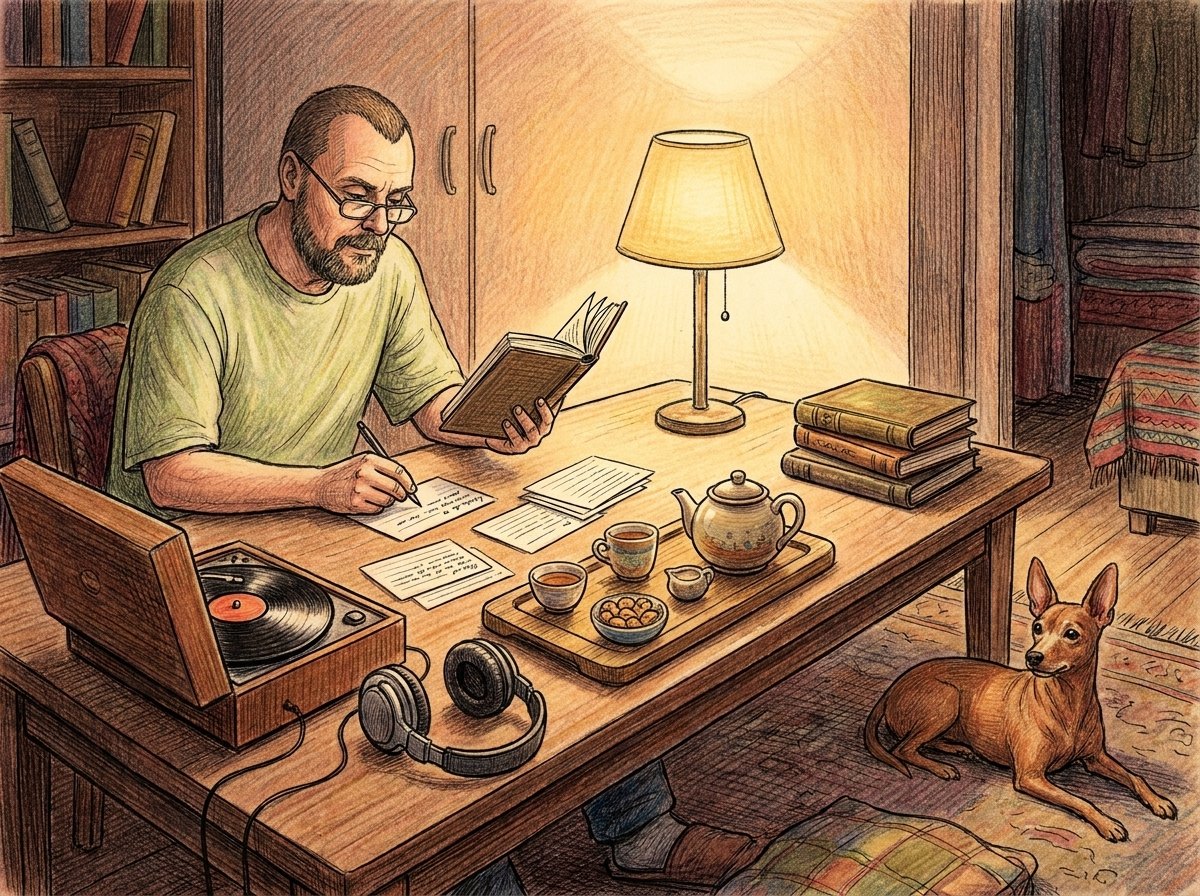 Книжный дневник: чайный столик, винил, наушники, книга с конспектами и пёс