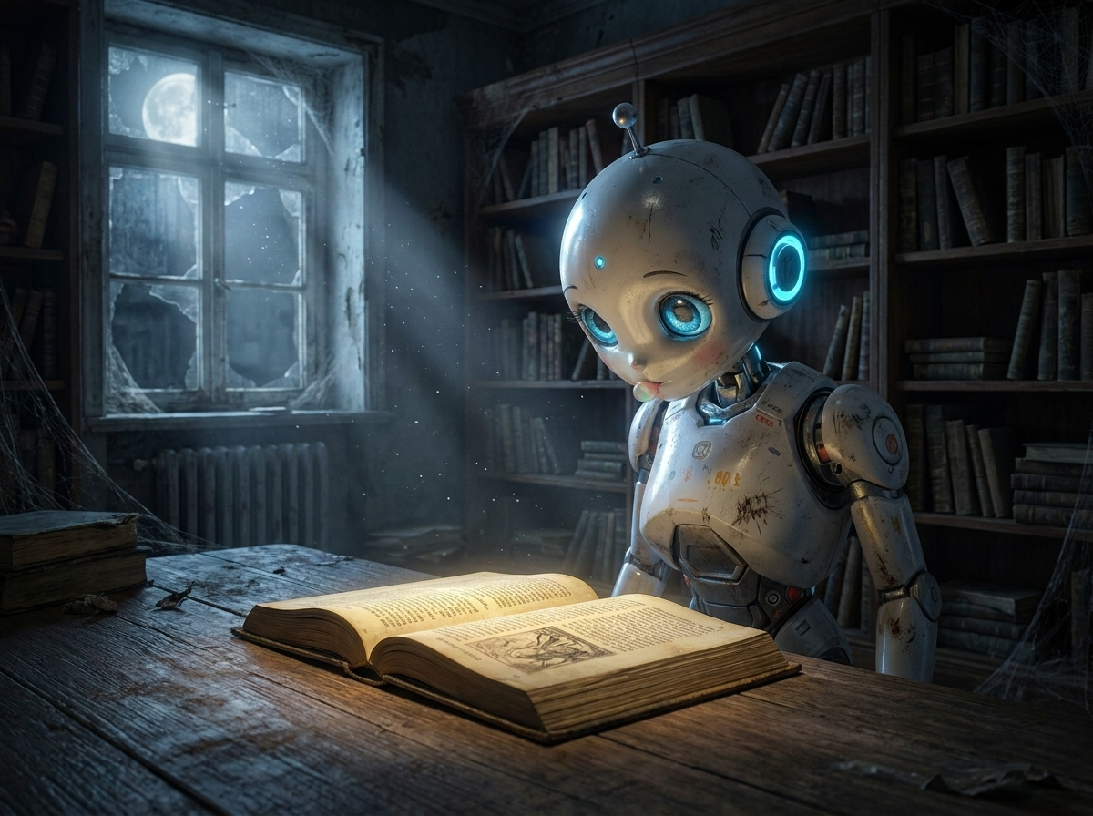 Эйс читает старую книгу в свете заброшенной библиотеки