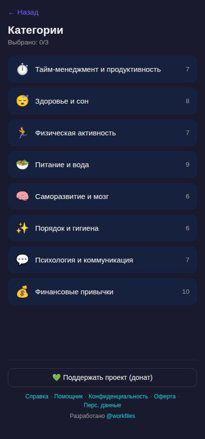 Каталог категорий привычек в Telegram